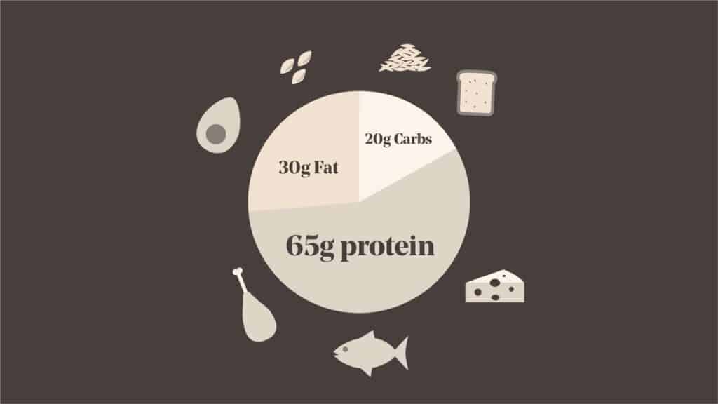 a graph showing the division of food on a keto plate of food. 30g fat, 20g carbs and 65