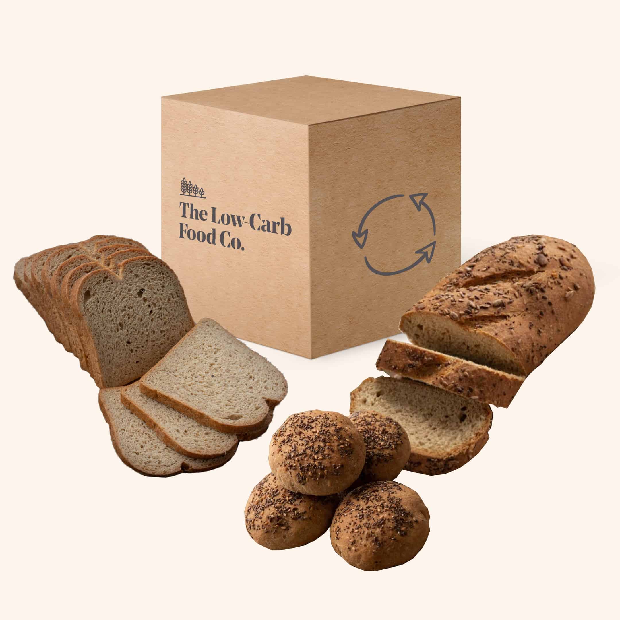 Low-Carb Bread Subscription low-carb bread subscription, showing 400g loaf, 700g seeded loaf and 4 seeded rolls