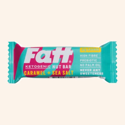 Fatt - Caramel + Sea Salt bar on a cream background.