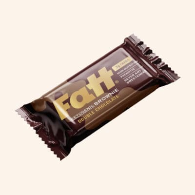fatt double chocolate brownie on a cream background.