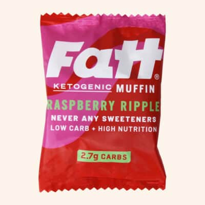 Fatt raspberry ripple muffin on a cream background