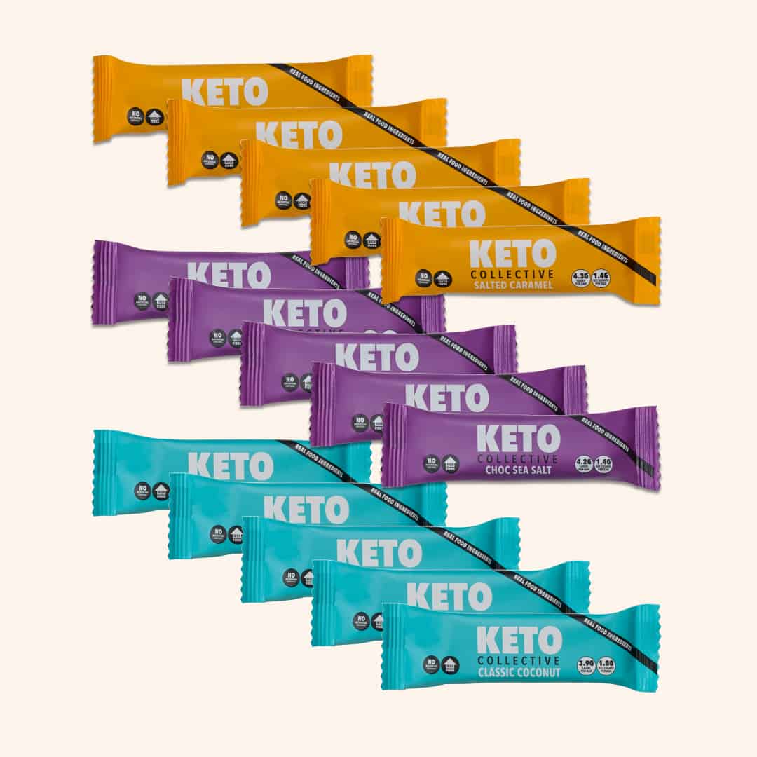 Keto bar Mixed Bundle - V1 5 salted caramel keto bars, 5 choc sea salt keto bars and 5 classic coconut keto bars on a cream background.