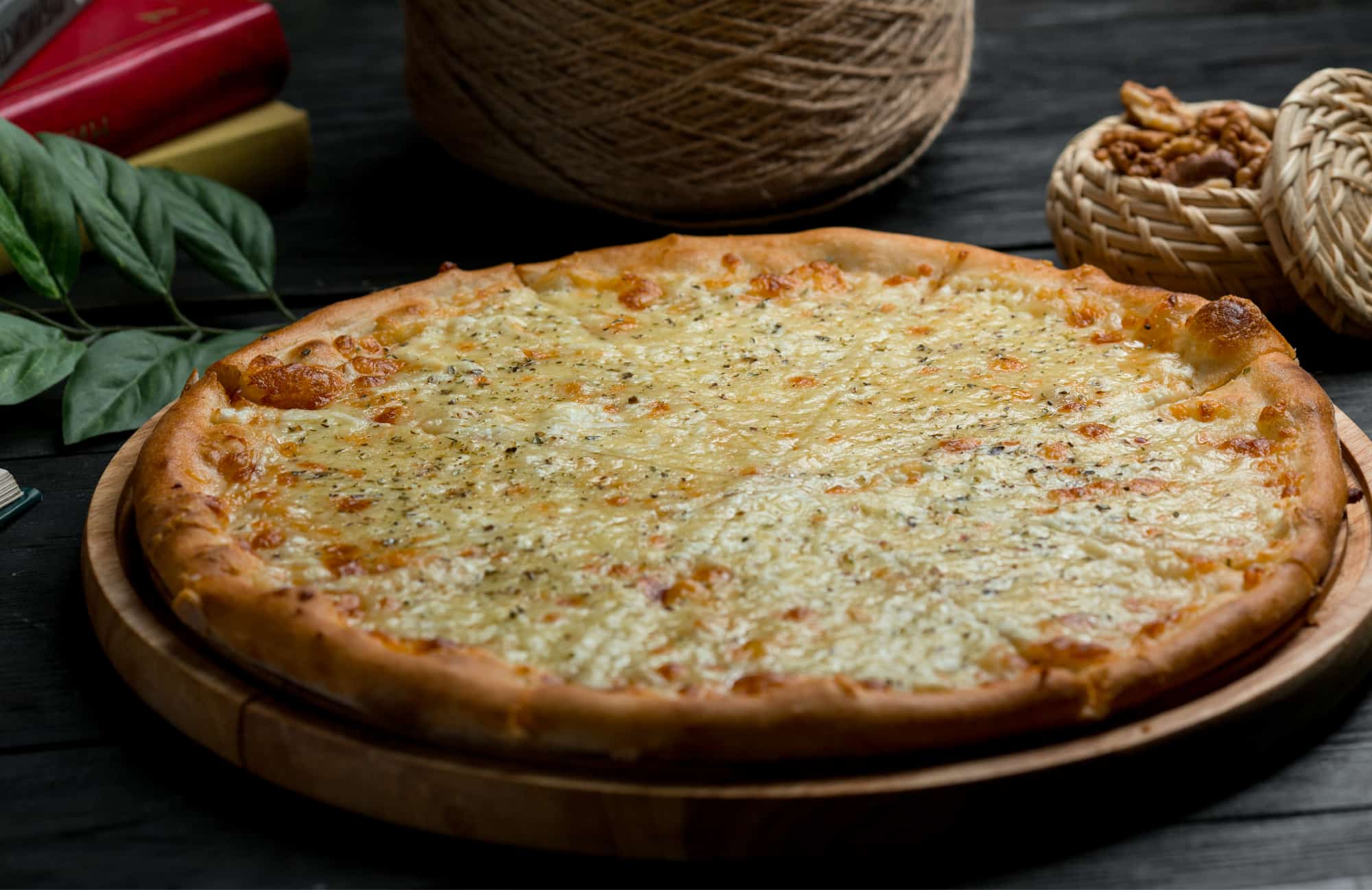 close up photo of a low carb chicken alfredo pizza