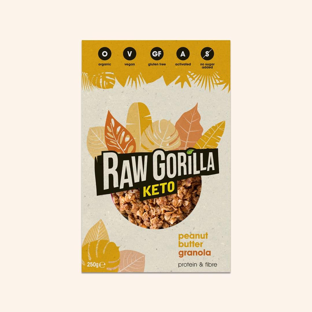 Raw Gorilla Peanut Butter Granola 1 Raw Gorilla Peanut Butter Granola box on a cream background