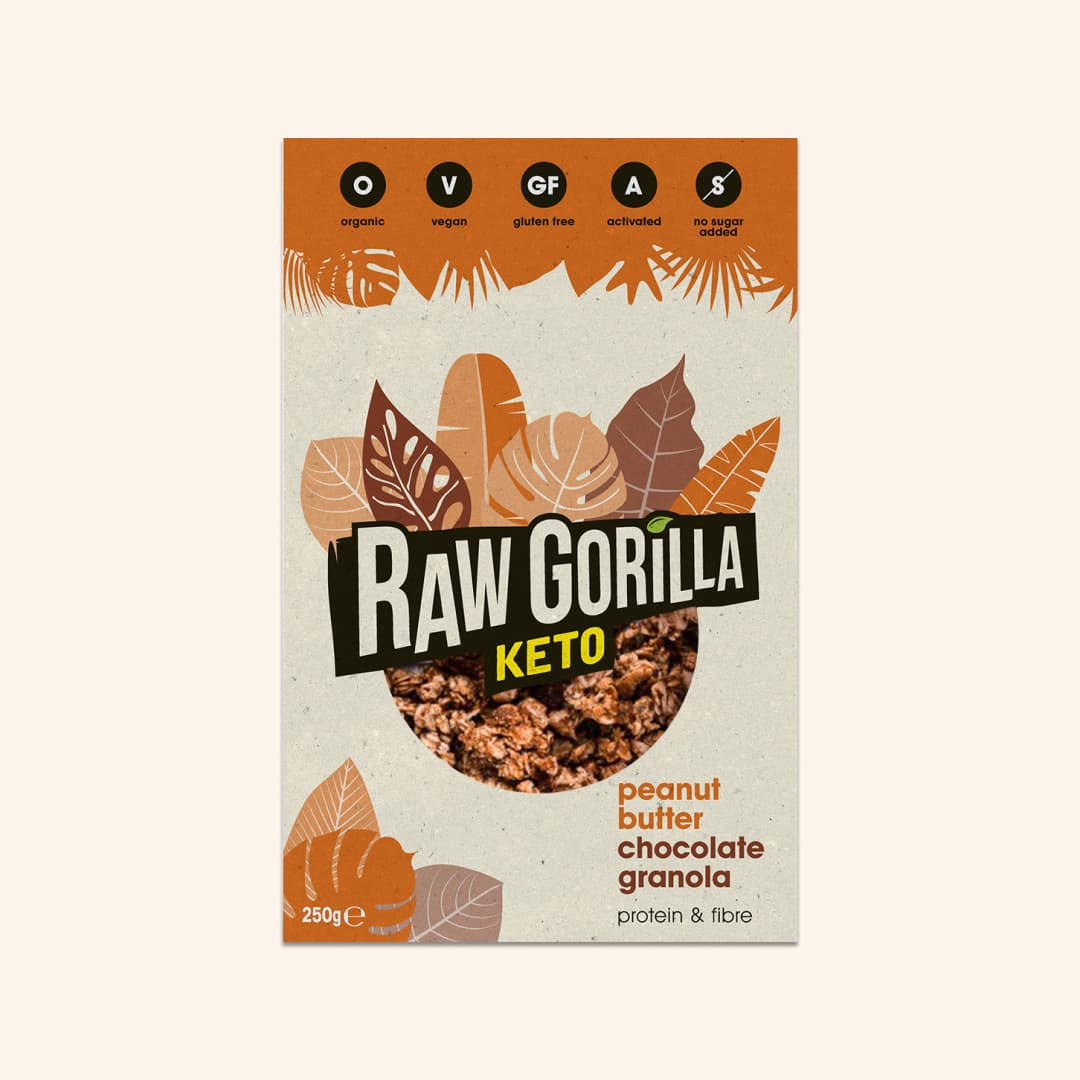 Raw Gorilla Peanut Butter and Chocolate Granola 1 Raw Gorilla Peanut Butter and Chocolate Granola box on a cream background
