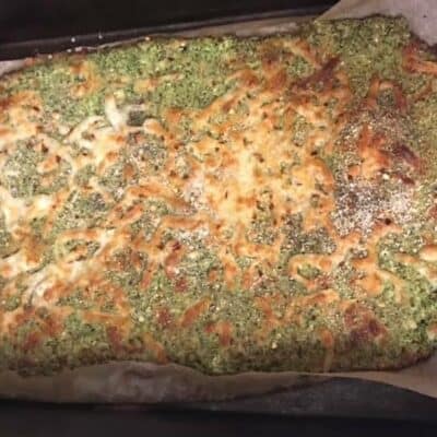 low carb broccoli cheesy "bread" out of the oven